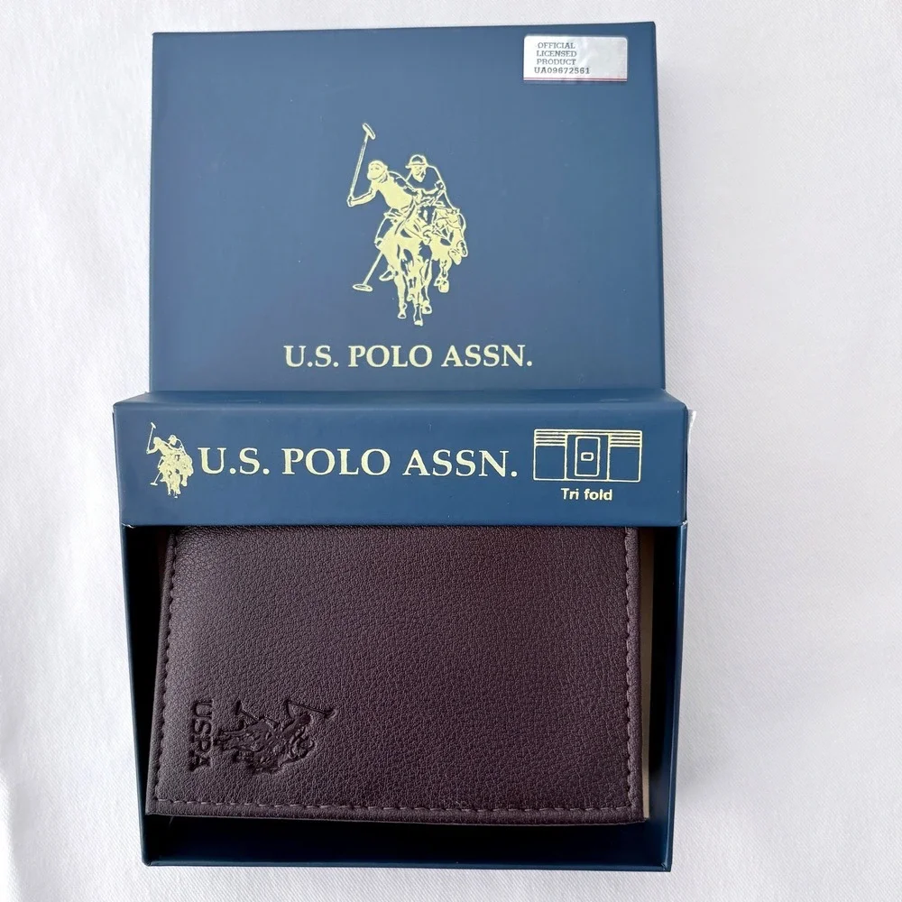 U.S. Polo Assn‎ Trifold Wallet Brown Genuine Leather Embossed Logo NWT